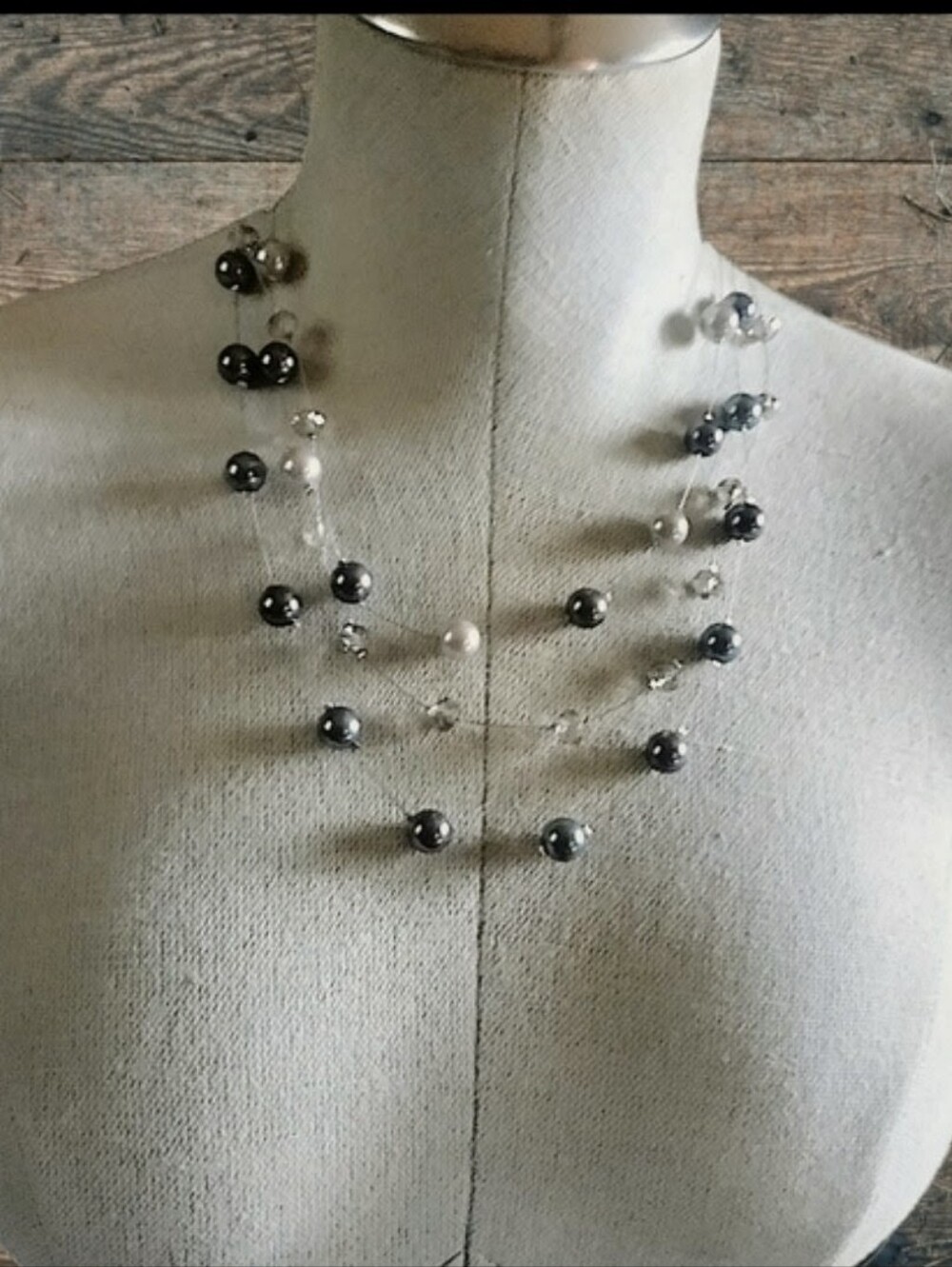 Gunmetal Gray and White Beaded Necklace